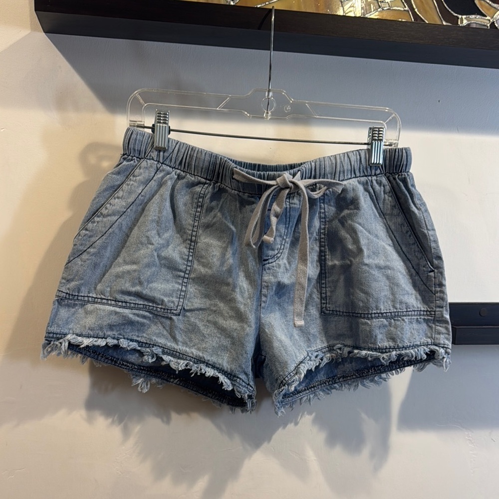 Vici Blue Jean Shorts with Frayed Hem and Elastic Waistband
